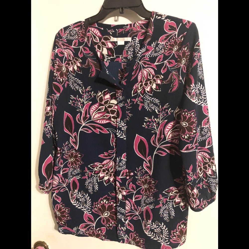 Floral Button Down Blouse - Navy Blue Background